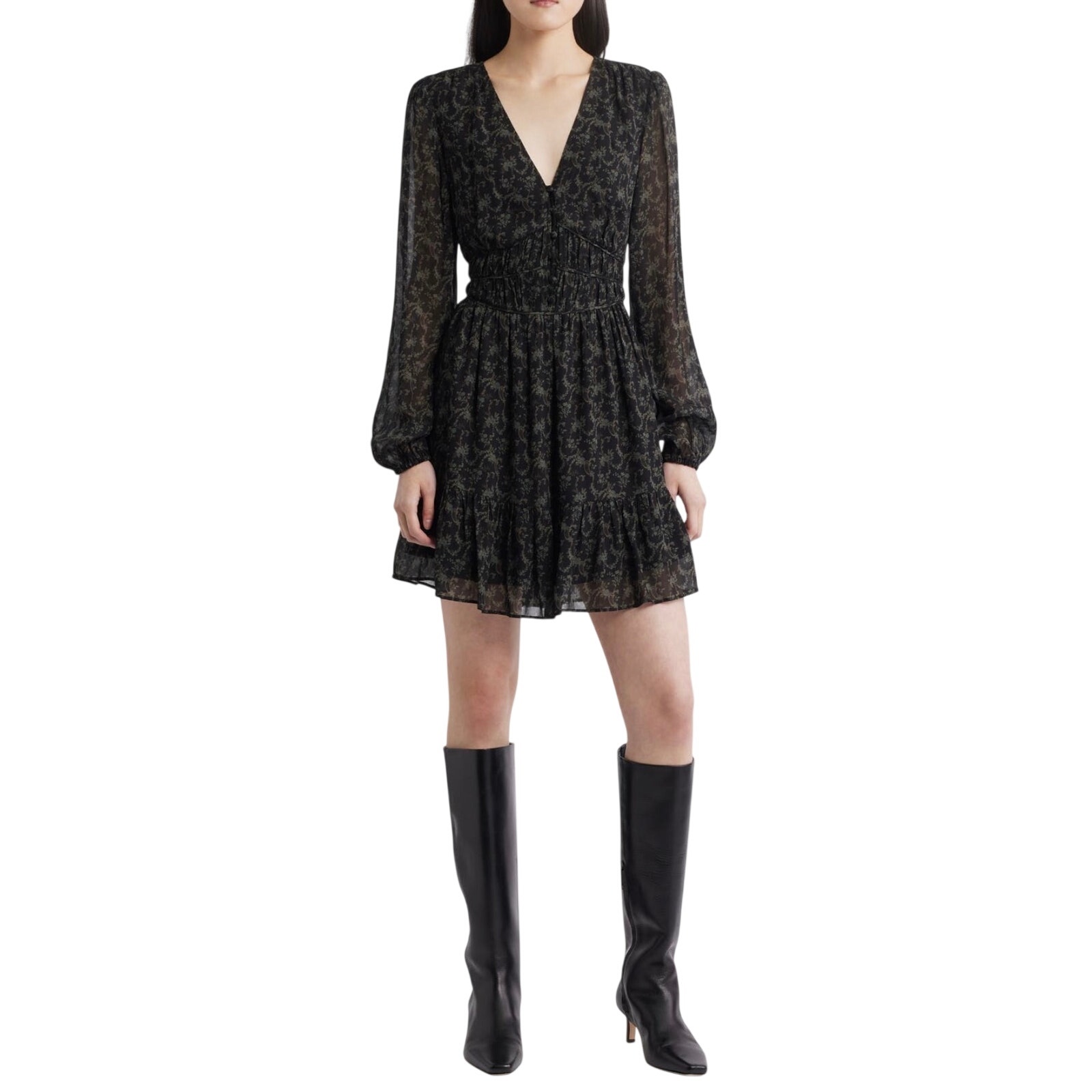 Paige Enchanting Mini Dress 8 V Neck Long Sleeve Smocked Cuffs Antique Print New